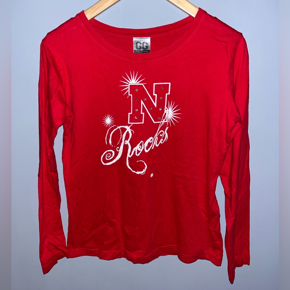 GG The Brand‎ Nebraska N Rocks Red Long Sleeve Graphic Tee Rhinestone Womens M